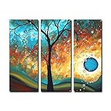 FLY SPRAY Framed 3-Piece 100% Hand Painted Oil Paintings Fall Forest Tree Surrounding By Rain Drops Aside Blue Sea Abstract Canvas Wall Art Decor Of Home Decoration Natural Landscape