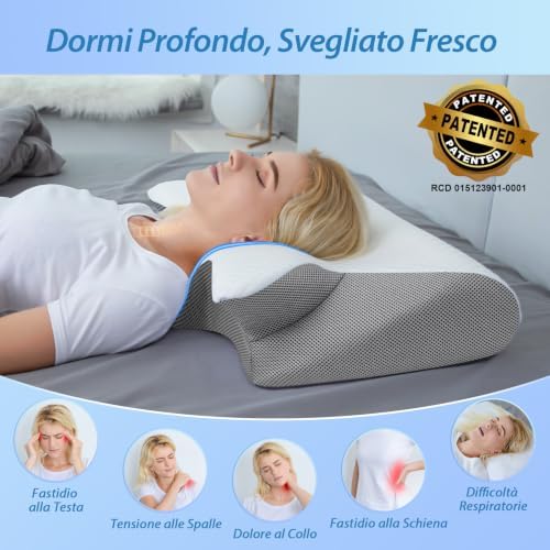 Cuscino Cervicale 2 in 1 Memory Foam per Dormire,Grigio,60x40x12/14cm