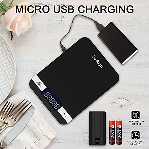 Sudugo Kitchen Scales, 22lb/10kg Digital Scales Kitchen Weight Grams and Oz, Food Scale for Baking and Cooking, Rechargeable Tempered Glass Platform Electronic Scales (Batteries Included) [2021 Ver]