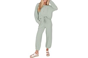 SHEWIN Women's 2 Piece Outfits Waffle Knit Lounge Sets Casual Long Sleeve Tops Matching Drawstring Pants Tracksuit Set