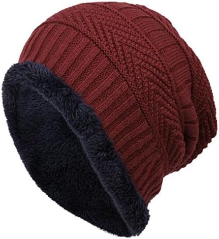 Tomily Slouchy Beanie Hat Knit Crochet Stripe Soft Fleece Lined Winter Skull Cap (Wine Red)