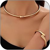 AIETUE Gold Jewelry Set For Women, 2Pcs/Set Polished Chunky Twisted Hinged Waterdrop Choker Necklace Bangle Bracelet Stack Open Statement Jewelry Gift