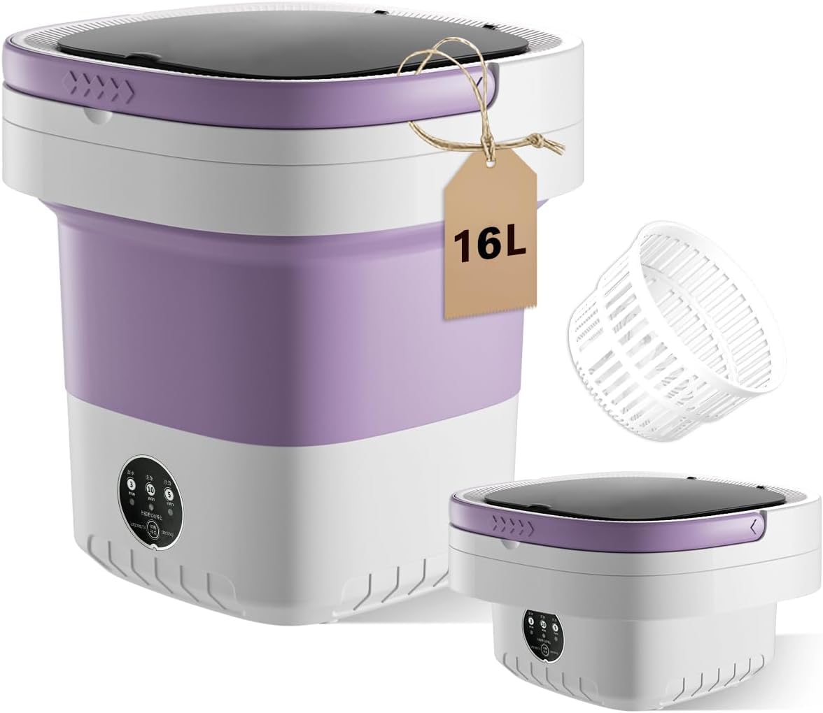 Photo 1 of 16L Portable Washing Machine, Foldable Small Washer with Spin Basket Laundry Machine, 3 Cleaning Modes Suitable for Underwear Baby Small Clothes, Foldable Design Ideal for Hotel Camping Apartment Home