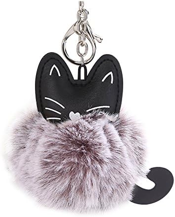 Sanwood Cartoon Cat Pom Pom Ball Key Chain Key Ring Keyring Keyfob Handbag Pendant Keychain Charm Grey