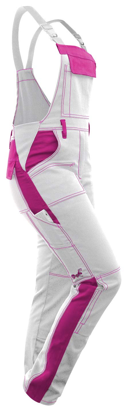 strongAnt® - Ladies Stretch Bib and Brace Overalls Berlin, white pink for women. Painter trousers complete stretch with kneepads pockets - White/Pink 76