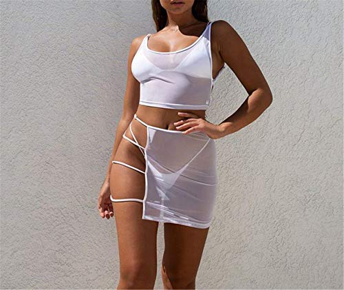 George Gouge Sexy Mesh sets Women Skirt Set Solid Neon Green High Waist Tank Top Step Skirt Hollow Out Women Wear Skirt Suits