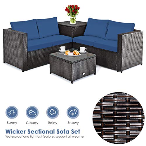 DORTALA Wicker Patio Furniture Set 4 Piece, Outdoor Sectional Couch Set with Table, Loveseat, Storage Box, All-Weather Rattan Conversation Sofa for Balcony, Porch, Backyard, Deck, Navy