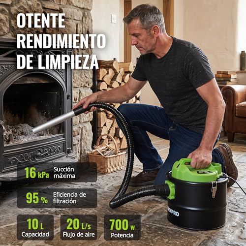 WORKPRO Aspirador de Cenizas 10L 700W con Función Soplado | Aspiracenizas para Chimeneas, Estufas y Barbacoas, Depósito Metálico, Filtro F9 Lavable, 16 kPa, Tubo Metálico