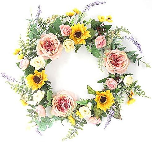 Gorei Artificial Mixed Sunflower Peony Lavender Flower Wreath, Eucalyptus Leaf Door Wreath Decor Fake Flower Outdoor Wreath for Front Door, Wall, Wedding, Home Décor