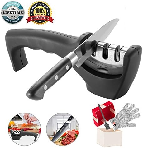 Knife Sharpener- Professional Kitchen Knife Sharpener 3 Stage Steel Diamond Ceramic Coated Kitchen Sharpening Tool with Cut Resistant Glove - Non-slip Base Chef Knife Sharpening Kit Easy to Control