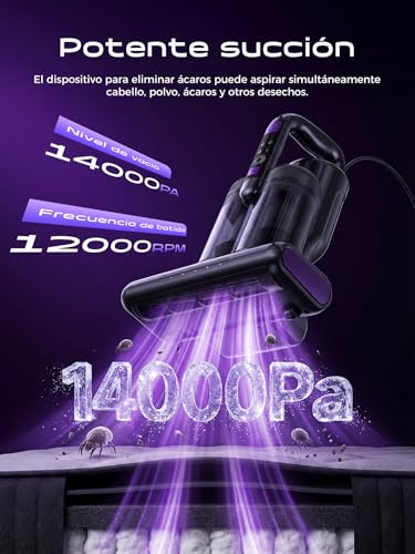Anti-dust dust vacuum, 14000PA Handheld Vacuum Cleaner with UV-C Light, Hot Air, Ultrasound and HEPA Filter, Vacuum Cleaner for Mattress, Sofa, Upholstery and Carpets, Allergy, Pets and Babies – 4 Metres Cable