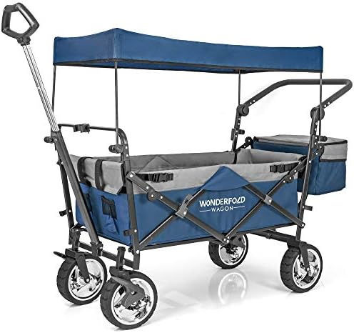 WONDERFOLD S4 Push & Pull Utility Folding Wagon with Brakes and Removable Canopy Featuring Adjustable Push Handle, Telescopic Pull Handle, and 150 lb Capacity, Navy
