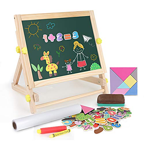 BeebeeRun Kids Tabletop Easel with Paper Roll,Double-Sided Whiteboard & Chalkboard Tabletop Easel with Magnetic Letters & Numbers and Other Magnetic Puzzle Accessories for Kids and Toddlers