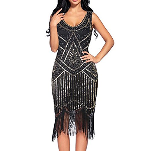 FORUU Women Vintage 1920s Sequin Beaded Tassels Party Hem Flapper Gown