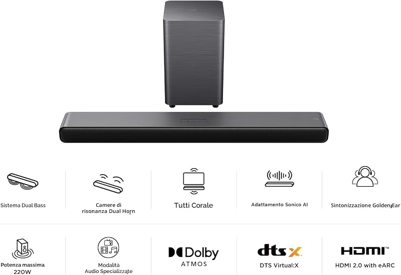 S55HE Soundbar 2.1, 220W, Dolby Atmos, DTS Virtual:X, subwoofer wireless, Bluetooth 5.3, HDMI eARC, USB, ottico, montaggio a parete, telecomando incluso