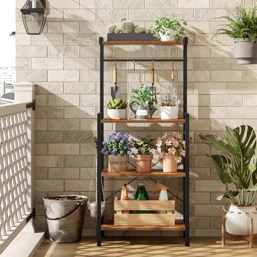 4 Tier Coffee Bar Station with Storage, Rustic Brown Corner Bakers Rack with 8 S-Shaped Hooks, High kitchen Shelves Stand Microwave Stand for Spices, Pots, Wooden Top and Black Metal Frame EBF04HB01