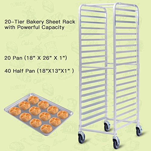 Giantex 20-Tier Kitchen Bun Pan Sheet Rack Aluminum Bakery Rack Home Commercial Kitchen Bakery Cooling Rack w/Wheels 2 Lockable & Open Shelf