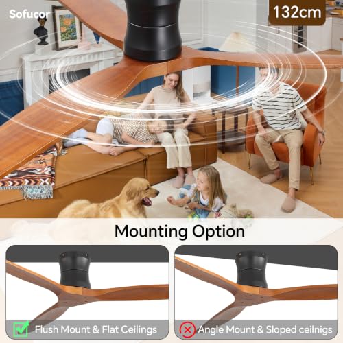 Sofucor 132cm Ventilador de Techo con Mando a Distancia, Madera Maciza Ventilador de Techo sin Luz, Silencioso DC, Temporizador, 3 Temperaturas de Color, 6 Velocidades para Salones