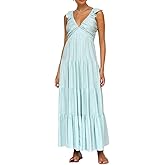 myzgx Women's Summer Sexy V-Neck Maxi Smocked Dress Tiered Swing Flowy Tunic Beach Dress