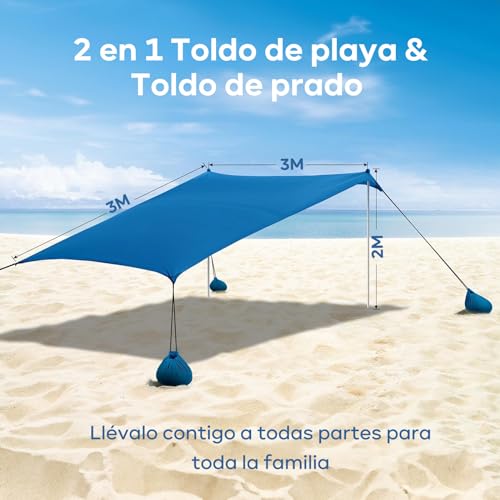 Sombrilla para Playa 3*3*2M,UPF50+ Carpas para Exteriores 4-6 Persona,Toldo Tienda de Playa Grande Plegable con 4 Sacos de Arena,2 Polos,4 Clavos Rectificados para Playa,Césped,Camping,Picnic,Patio