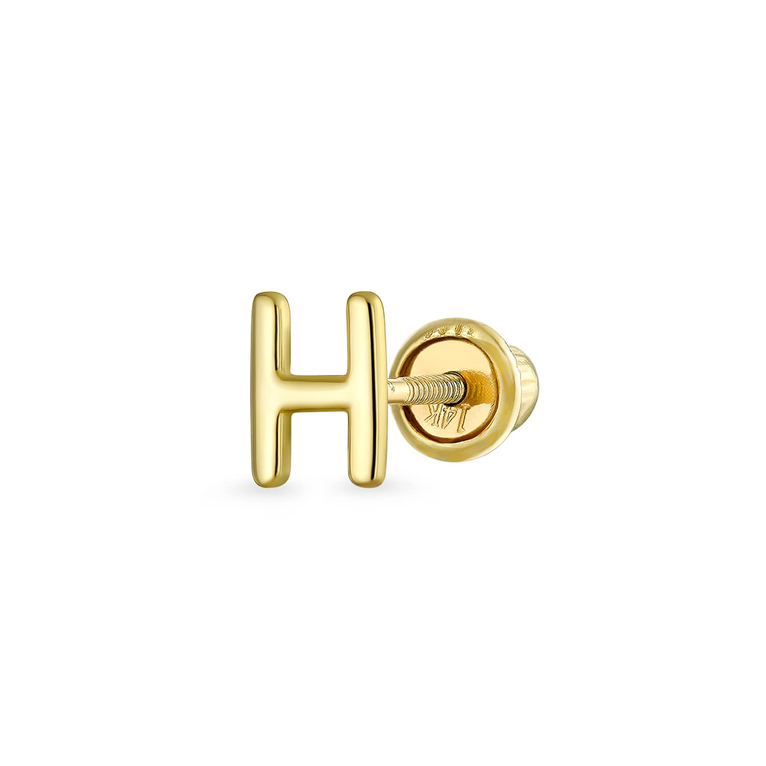 ABC Minimalist Real Yellow 14K Gold Capital Block Alphabet Letter Initial H Cartilage Ear Lobe Piercing 1 Piece Stud Earring Screw Back For Teen Women Men