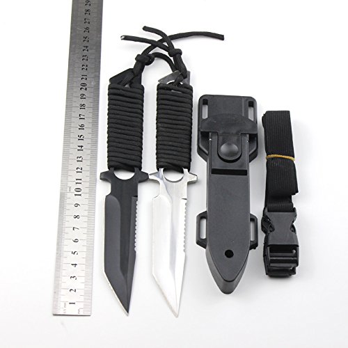 Efanr Survival Fixed Blade Hunting Knife Stainless Steel Protective Nylon Sheath Included Ultimate Outdoor Serrated Tactical Sharp Knife, Two-Tone Tanto Blade, Black Cord-Wrapped Handle (A)