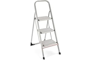 ALPURLAD 3 Step Ladder with Wide Anti-Slip Pedal, 330lbs Heavy Duty Foldable Step Stools for Adults Small Step Ladders with Safer Crossbar Design for Home Kitchen Closet Gray Lightweight 3 Step Stool