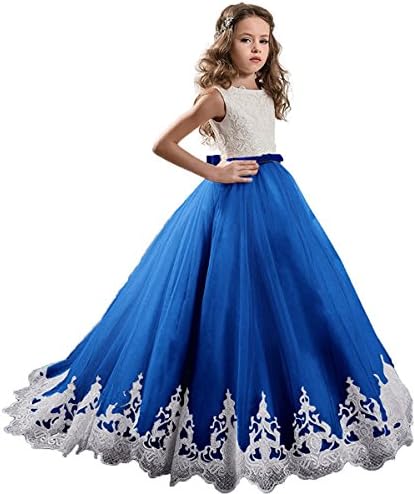 Fanyudress Ivory Sequin Long Lace Tulle Ball Gown Flower Girl Dresses Communion Gowns J001 US8 Royal Blue