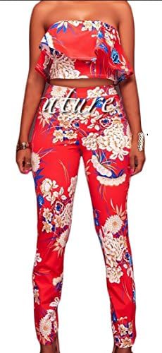 Earnest Women's Crop Top and Pants 2 Piece Jumpsuits Outfit Red S