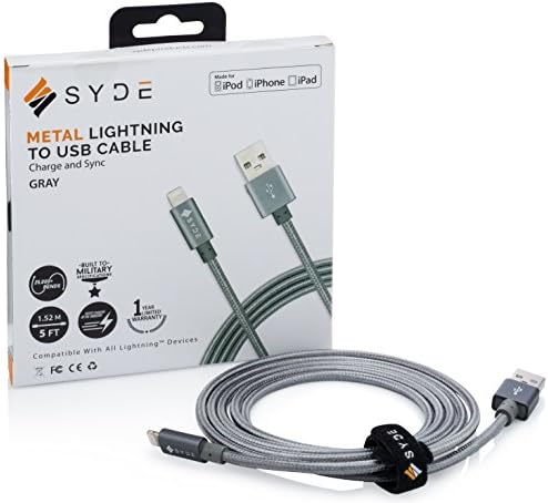 SYDE METAL MFI Apple Certified Lightning Cable Braided (5ft) – Reinforced, Premium, Tough, Military-Grade, Double-Nylon Braided, FAST Charging Cord for iPhone, iPad, and iPod (Gray)