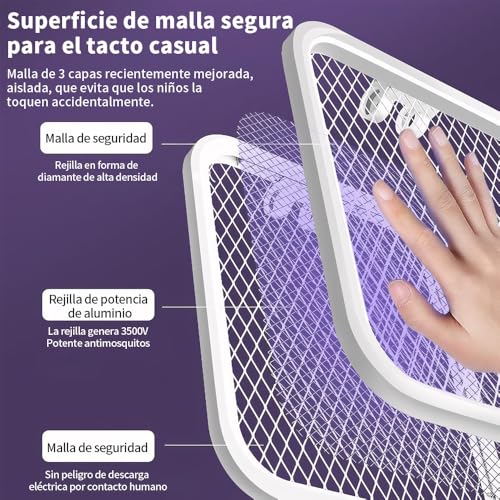 Zamus Raqueta Mosquitos, Raqueta Electrica para Mosquitos Recargable USB con Batería Recargable de 1200 mAh, Rotación de 180 Grados, para Cocina Jardín Terraza