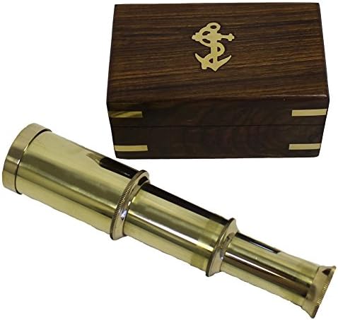 6" Handheld Brass Telescope with Wooden Box - Pirate Navigation Clear Wooden Box
