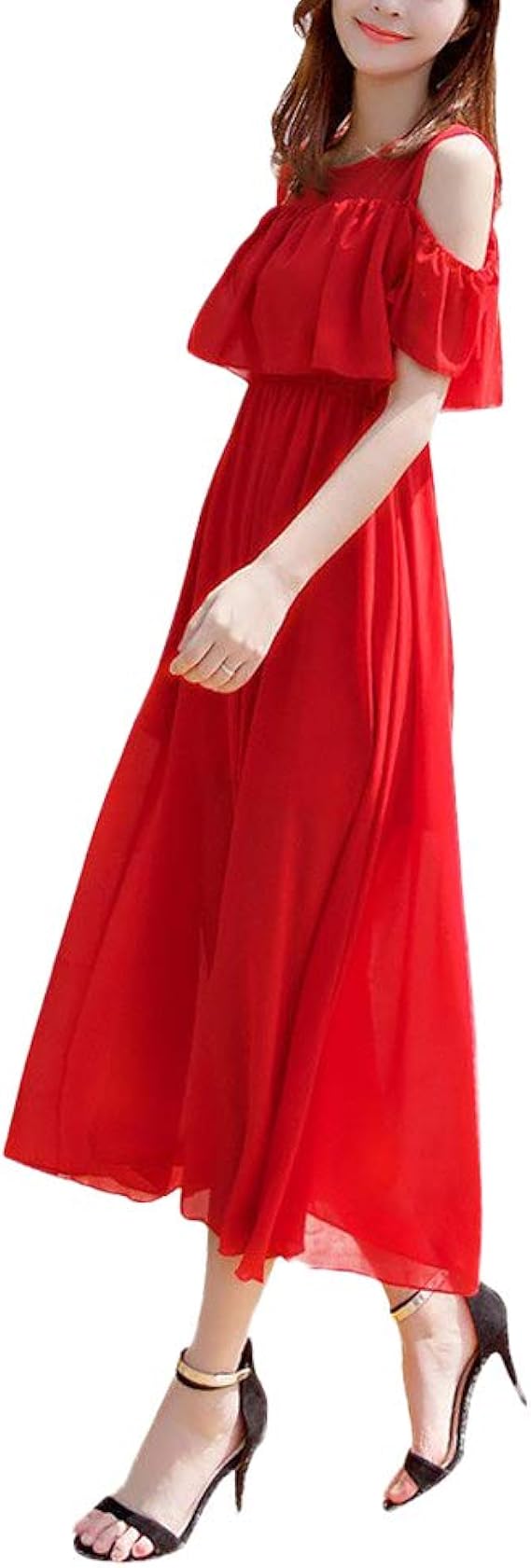 Amazon Co Jp Oncom オンコム レディース ロング シフォン ワンピース 肩出し エアリー オフショルダー マキシ丈 ウエストゴム レッド M 服 ファッション小物