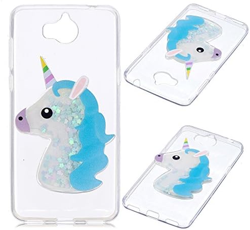 Huawei Y5 2017 (5.0") Case, DUGRO Cute 3D Creative Fashion Cartoon Animal ( Unicorn ) Quicksand Liquid Glitter Silicone Protective Cover Phone Case - Blue