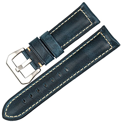 MAIKES Vintage Oil Wax Leather Watch Strap 22mm 24mm 26mm Watchband with Stainless Steel Buckle Watch Band (Band Width 26mm, Blue+Silver Clasp)