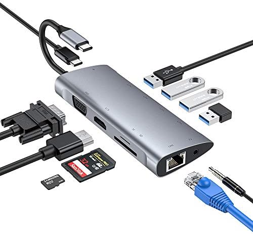 USB C HUB, 11-in-1 AluminumType C Adapter with Ethernet, SD/TF Card Reader, 3USB3.0 Ports,VGA, HDMI(4K@30hz),for MacBook Pro 2018,2017,2016,pad pro,Lenovo,DELL,SANSANG,HUAWEI, USB C devices (Grey)