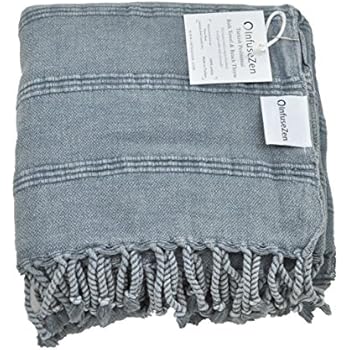 InfuseZen Stonewashed Turkish Towel, Thin Absorbent Bath Towel, Beach Towel and Pool Towel, Large Cotton Stone Washed Peshtemal Towels Weaved in Turkey, Hammam Spa Towels (Denim)