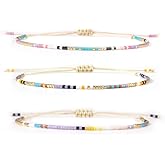 Ustome Colorful 3Pcs Stack Rice Seed Beaded Bracelets Set for Women, Boho Romantic Handmade Thin Gold Plated String Rope Adjustable Jewelry, Daily Vacation Party Holiday Friendship Gift