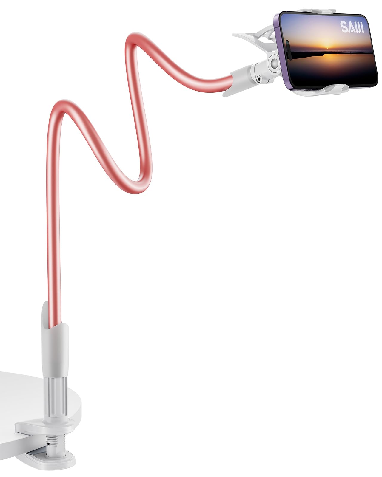 SAIJI Gooseneck Phone Holder for bed, Flexible Cell Phone Stand, Lazy Arm Phone Holder for girls, 360 Mobile Phones Mount Clamp Compatible with iPhone 15 14 13 Pro Xs, 4"-7" Screen Devices (Rose Gold)