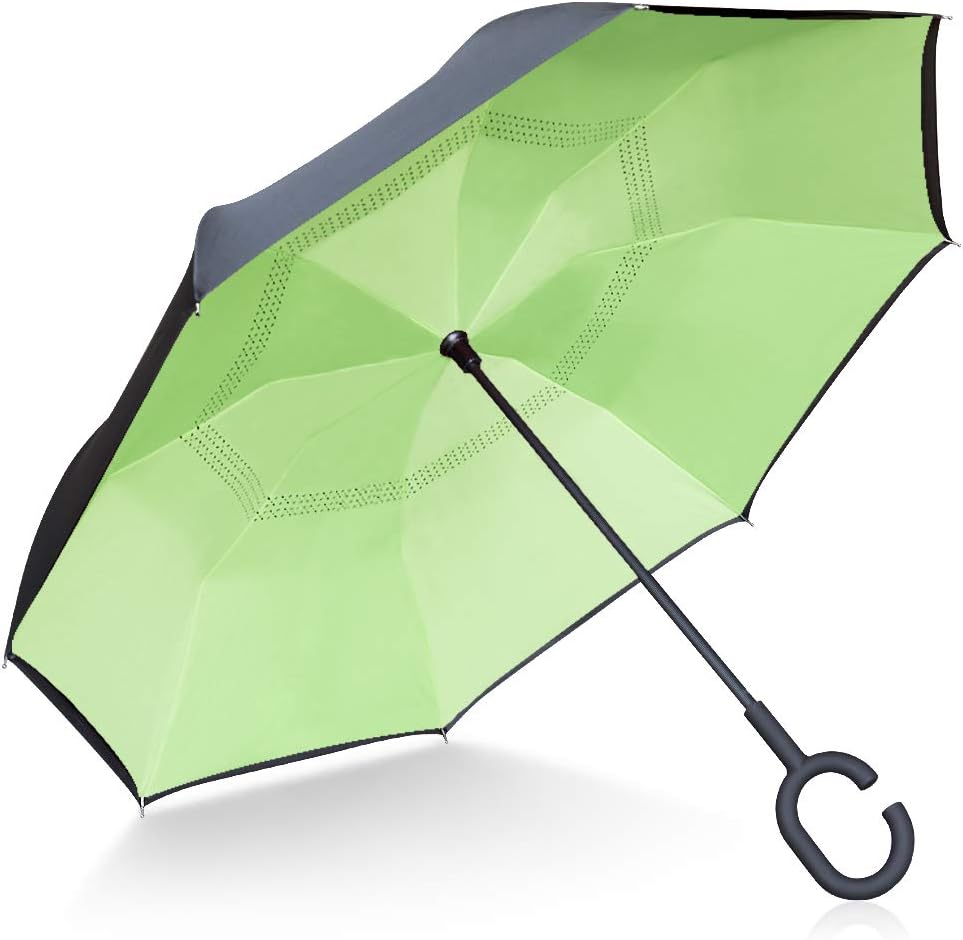 TOOGE Umbrella Inverted/Reversible, Long Windproof Umbrella Double Layer Inside-Out Self-Standing for Women and Men with Carring Bag (Light Green)