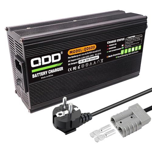 QDD LiFePO4 29.2V 20A Battery Charger with LED Indicator Light, Safety Protection Function, Suitable for LiFePO4 8S 24V 25.6V Battery Pack
