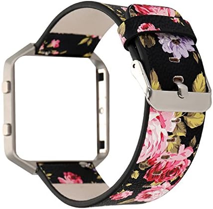 For Fitbit Blaze Bands Leather with Frame Large, MagicFeel Women’s Soft PU Leather Floral Print Replacement Band Large Strap Wristband with Metal Frame for Fitbit Blaze Smart Watch (Black/Pink)