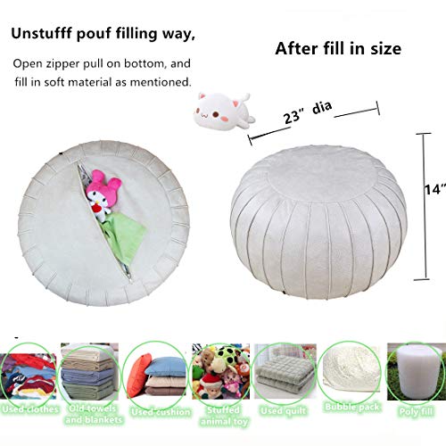 Thgonwid Handmade Suede Pouf Footstool Ottoman Faux Leather Poufs 23" x 14" -Round Floor Cushion Footstool for Living Room, Kids Room and Wedding, Unstuffed, Beige
