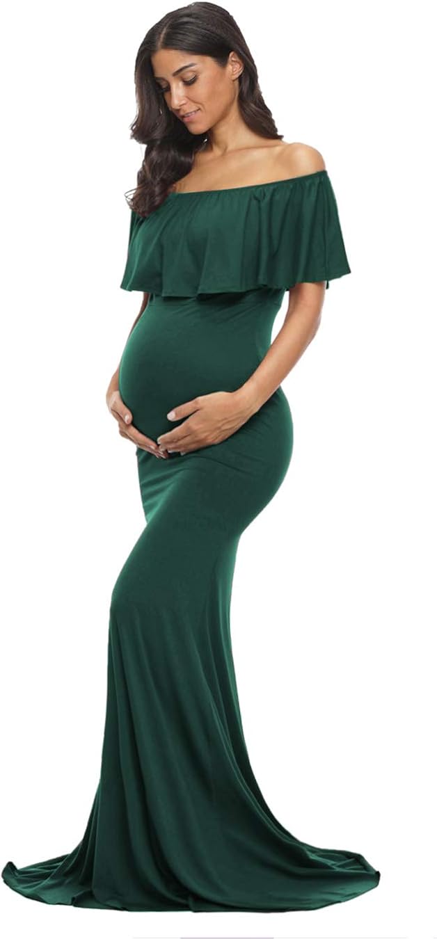 Glampunch Womens Off Shoulder Maternity Dress Ruffles Elegant Slim Gowns Fit Maxi Photography Dress