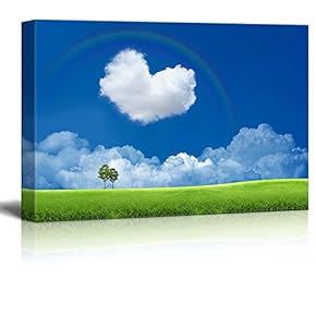 Canvas Prints Wall Art - Blue Sky with Heart Shaped Cloud and a Rainbow Romantic Scene | Modern Wall Decor/Home Decoration Stretched Gallery Canvas Wrap Giclee Print & Ready to Hang - 12" x 18"