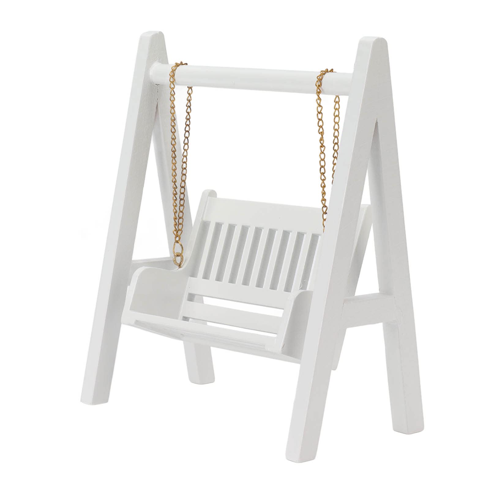 Photo 1 of 1/12 Scale Miniature Wooden Swing with Gold Chain, White Dollhouse Swing Decoration, Exquisite Mini Dollhouse Porch Swing Design, Furniture Model for Dollhouse