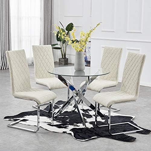 TONVISION Clear Glass Dining Table and 4 Ivory Chairs Set Stable Chrome Cross Legs Distressed Leather Cushion Padded Seat Back Solid Living Room Corner Round Dinner Table