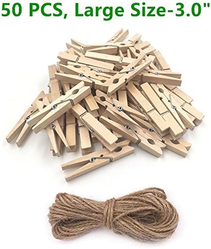 Natural Wood Clothespins with Spring, Multi-Function Photo Paper Peg Pin Craft Clips, 50 Pieces, Large Size 3.0 inches for Home, School, Arts, Crafts and Decor by aHeemo