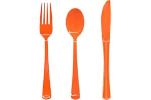 JOY AKKESS 150 Pack Orange Plastic Silverware, Orange Plastic Cutlery Disposable Includes 50 Forks, 50 Spoons, 50 Knives for Birthday, Fall Party, Halloween, Thanksgiving