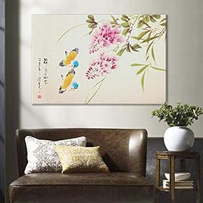 Canvas Wall Art of Birds and Pink Flower Oriental Style | 12x18 inches